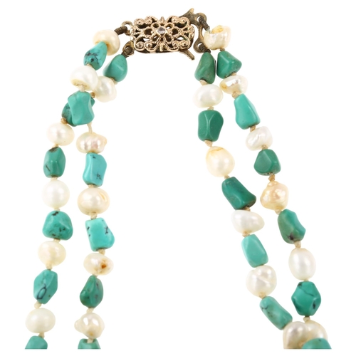 1353 - A Vintage double-strand turquoise and pearl necklace, with 9ct diamond set clasp, necklace length 40... 