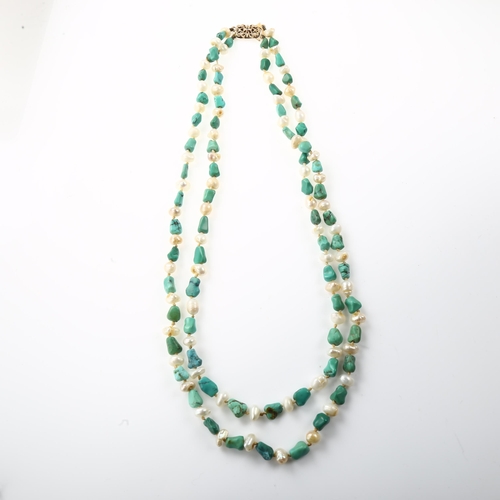 1353 - A Vintage double-strand turquoise and pearl necklace, with 9ct diamond set clasp, necklace length 40... 