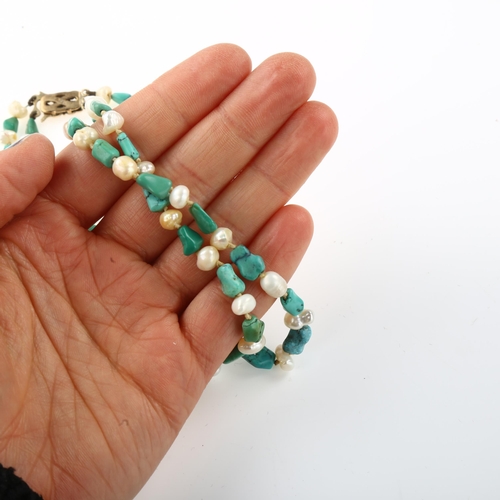 1353 - A Vintage double-strand turquoise and pearl necklace, with 9ct diamond set clasp, necklace length 40... 