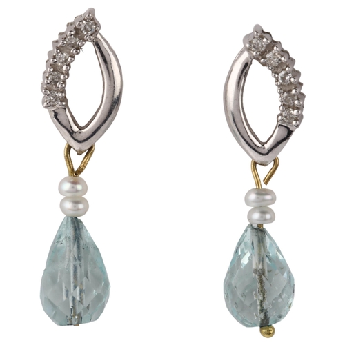 1358 - A pair of 9ct white gold aquamarine pearl and diamond drop earrings, with stud fittings, earring hei... 