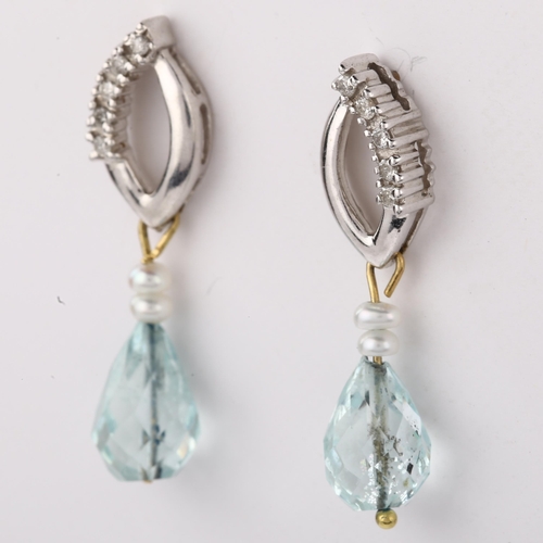 1358 - A pair of 9ct white gold aquamarine pearl and diamond drop earrings, with stud fittings, earring hei... 