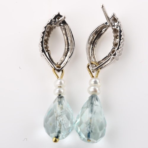 1358 - A pair of 9ct white gold aquamarine pearl and diamond drop earrings, with stud fittings, earring hei... 