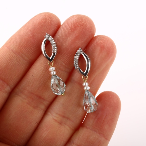 1358 - A pair of 9ct white gold aquamarine pearl and diamond drop earrings, with stud fittings, earring hei... 