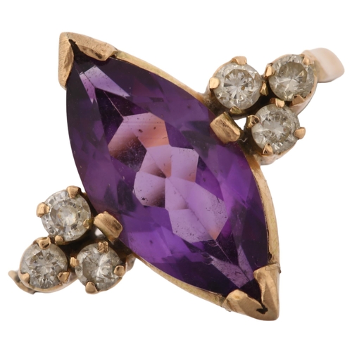 1359 - A 14ct gold amethyst and diamond dress ring, set with marquise amethyst and modern round brilliant-c... 