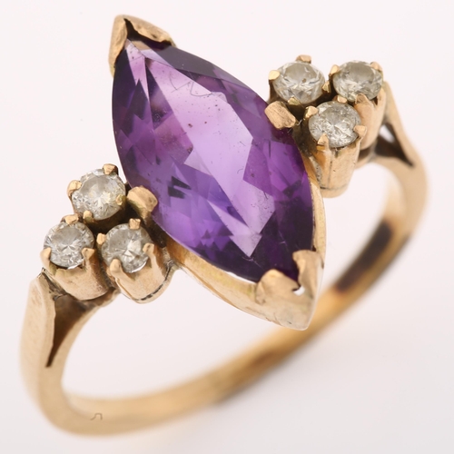 1359 - A 14ct gold amethyst and diamond dress ring, set with marquise amethyst and modern round brilliant-c... 