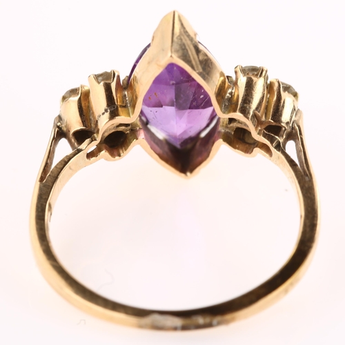 1359 - A 14ct gold amethyst and diamond dress ring, set with marquise amethyst and modern round brilliant-c... 