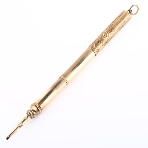 1361 - An early 20th century propelling pencil, unmarked yellow metal case, extended length 12.5cm, 15.1g g... 