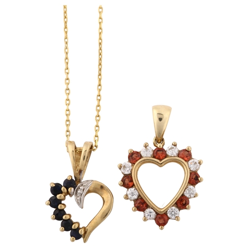 1362 - 2 x 9ct gold stone set heart pendants, 1 example on 9ct chain, largest height 20.1mm, 3.2g total (2)