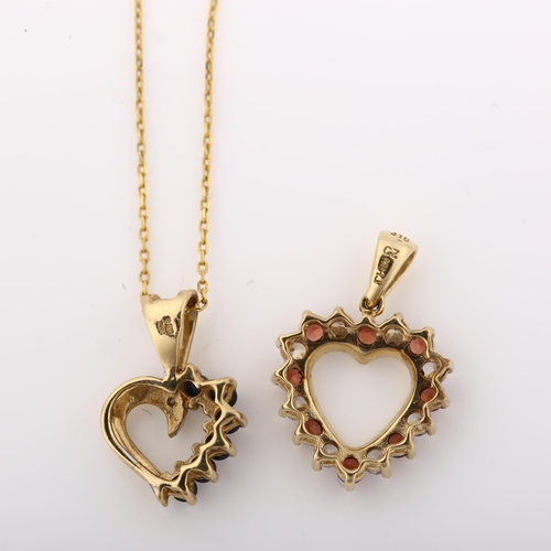 1362 - 2 x 9ct gold stone set heart pendants, 1 example on 9ct chain, largest height 20.1mm, 3.2g total (2)