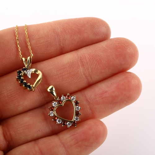 1362 - 2 x 9ct gold stone set heart pendants, 1 example on 9ct chain, largest height 20.1mm, 3.2g total (2)