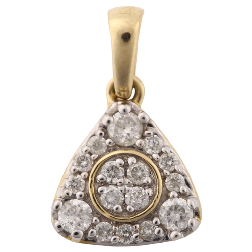 1363 - A modern 9ct gold diamond cluster triangle pendant, set with modern round brilliant-cut diamonds, pe... 