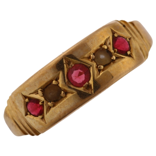 1364 - A 19th century 9ct gold five stone ruby and pearl ring, hallmarks Birmingham 1880, setting height 5.... 