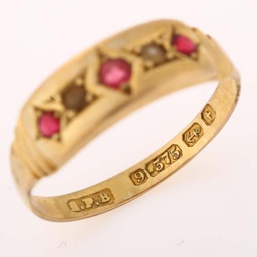 1364 - A 19th century 9ct gold five stone ruby and pearl ring, hallmarks Birmingham 1880, setting height 5.... 