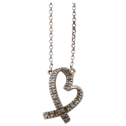 1368 - A modern 9ct white gold diamond heart pendant necklace, on 9ct chain, pendant height 16.3mm, chain l... 