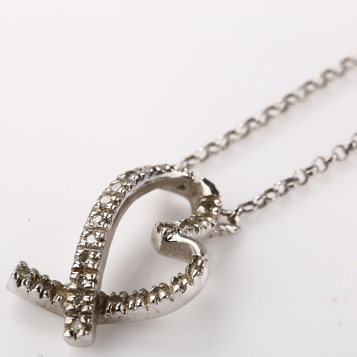 1368 - A modern 9ct white gold diamond heart pendant necklace, on 9ct chain, pendant height 16.3mm, chain l... 