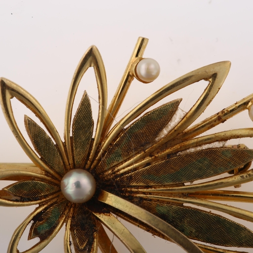 1371 - A mid-20th century 9ct gold cultured pearl floral brooch, maker's marks DJG, import hallmarks Edinbu... 