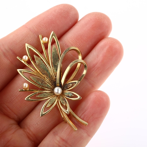 1371 - A mid-20th century 9ct gold cultured pearl floral brooch, maker's marks DJG, import hallmarks Edinbu... 