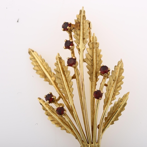 1372 - A mid-20th century 9ct gold garnet floral spray brooch, hallmarks London 1965, brooch length 55.3mm,... 