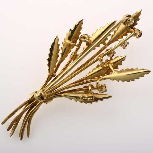 1372 - A mid-20th century 9ct gold garnet floral spray brooch, hallmarks London 1965, brooch length 55.3mm,... 