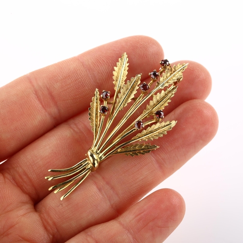 1372 - A mid-20th century 9ct gold garnet floral spray brooch, hallmarks London 1965, brooch length 55.3mm,... 