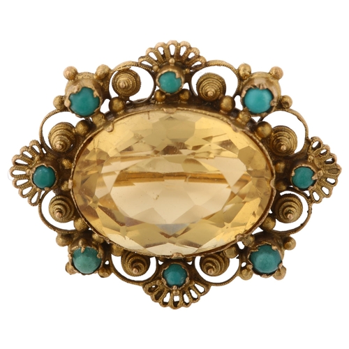 1373 - A Victorian citrine and turquoise brooch, unmarked yellow metal settings with cannetille wirework de... 