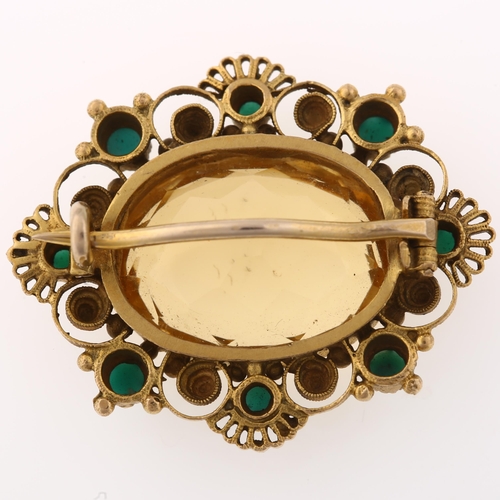 1373 - A Victorian citrine and turquoise brooch, unmarked yellow metal settings with cannetille wirework de... 