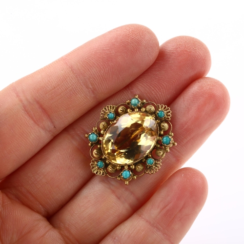 1373 - A Victorian citrine and turquoise brooch, unmarked yellow metal settings with cannetille wirework de... 