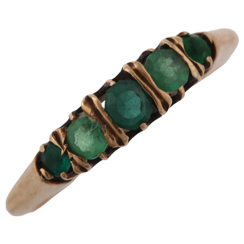 1374 - A graduated five stone green paste dress ring, unmarked gold settings, setting height 4mm, size K, 1... 