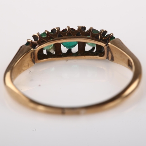 1374 - A graduated five stone green paste dress ring, unmarked gold settings, setting height 4mm, size K, 1... 