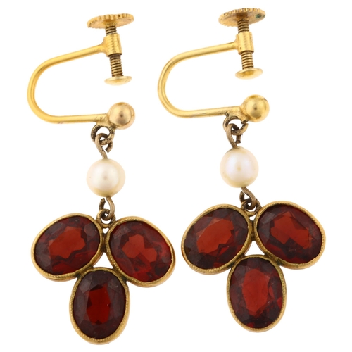 1376 - A pair of 9ct gold garnet and pearl drop earrings, with screw fittings, earring height 28.5mm, 4.6g