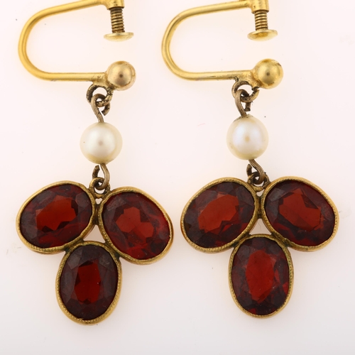 1376 - A pair of 9ct gold garnet and pearl drop earrings, with screw fittings, earring height 28.5mm, 4.6g