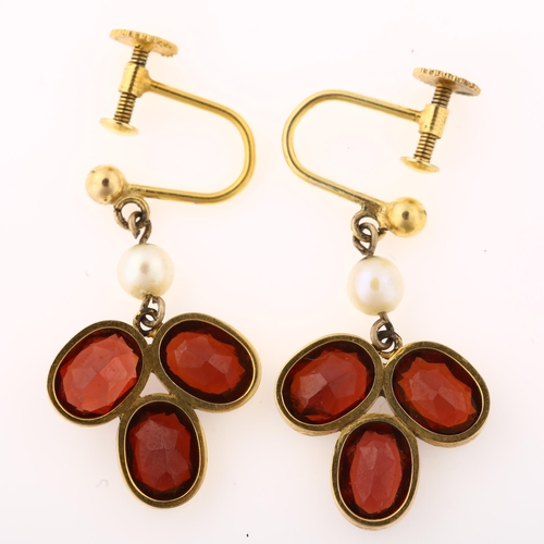 1376 - A pair of 9ct gold garnet and pearl drop earrings, with screw fittings, earring height 28.5mm, 4.6g