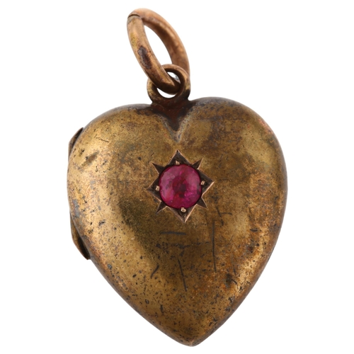 1379 - A Victorian 15ct gold ruby heart locket pendant, pendant height 27.5mm, 3.7g