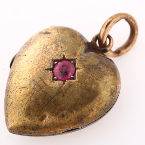 1379 - A Victorian 15ct gold ruby heart locket pendant, pendant height 27.5mm, 3.7g