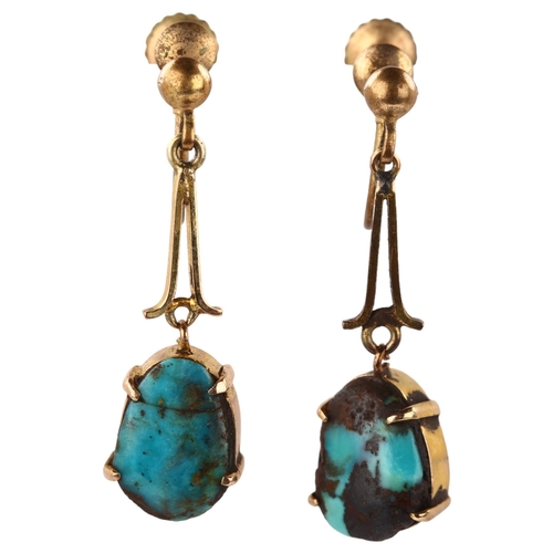 1380 - A pair of turquoise matrix drop earrings, unmarked yellow metal screw-back fittings, earring height ... 