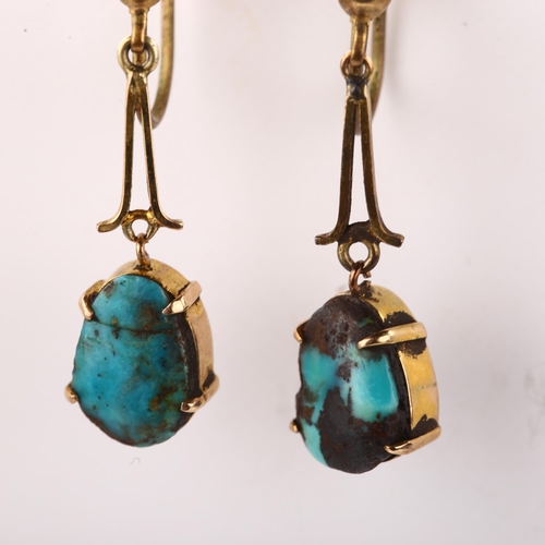 1380 - A pair of turquoise matrix drop earrings, unmarked yellow metal screw-back fittings, earring height ... 