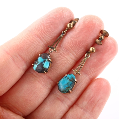 1380 - A pair of turquoise matrix drop earrings, unmarked yellow metal screw-back fittings, earring height ... 