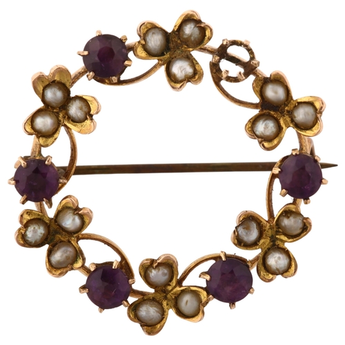 1381 - A Victorian 9ct gold amethyst and pearl laurel wreath brooch, maker's marks CF, brooch diameter 26mm... 