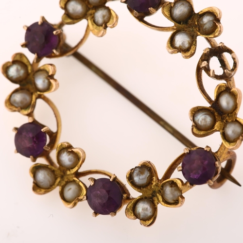 1381 - A Victorian 9ct gold amethyst and pearl laurel wreath brooch, maker's marks CF, brooch diameter 26mm... 