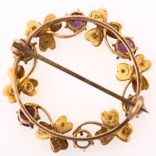 1381 - A Victorian 9ct gold amethyst and pearl laurel wreath brooch, maker's marks CF, brooch diameter 26mm... 