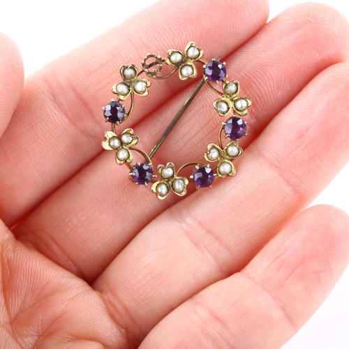 1381 - A Victorian 9ct gold amethyst and pearl laurel wreath brooch, maker's marks CF, brooch diameter 26mm... 