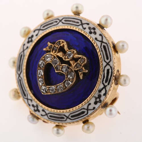 1100 - A fine Victorian pearl diamond and enamel sweetheart brooch, circa 1880, circular form with central ... 