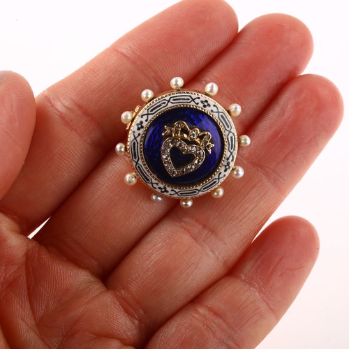 1100 - A fine Victorian pearl diamond and enamel sweetheart brooch, circa 1880, circular form with central ... 