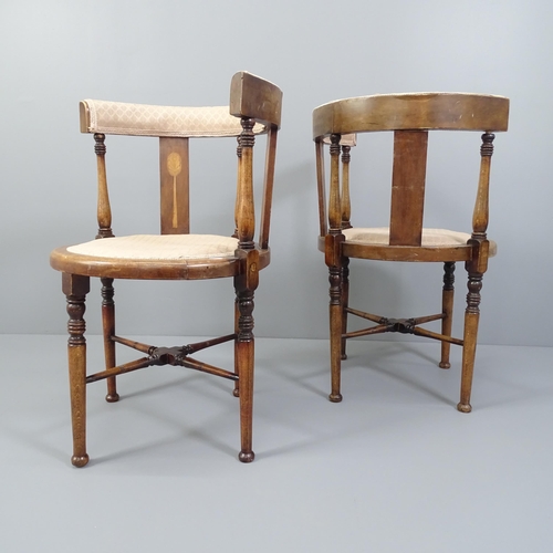 2097 - A pair of antique Arts & Crafts mahogany and satinwood-inlaid corner hall chairs.