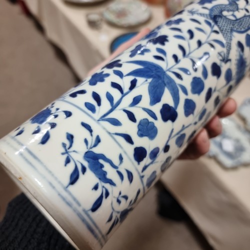 24 - A Chinese blue and white 'Dragon' sleeve vase, with hand painted dragon and chrysanthemum decoration... 