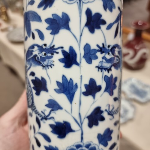 24 - A Chinese blue and white 'Dragon' sleeve vase, with hand painted dragon and chrysanthemum decoration... 