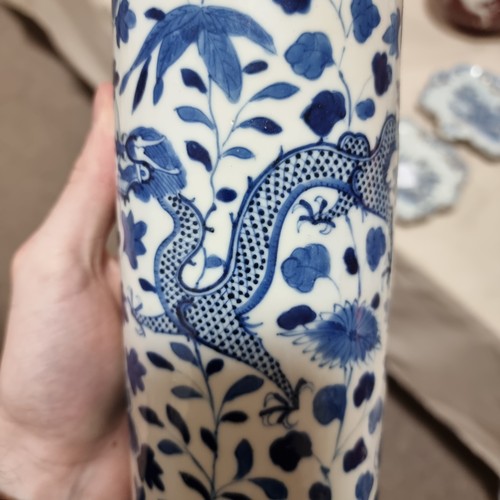 24 - A Chinese blue and white 'Dragon' sleeve vase, with hand painted dragon and chrysanthemum decoration... 