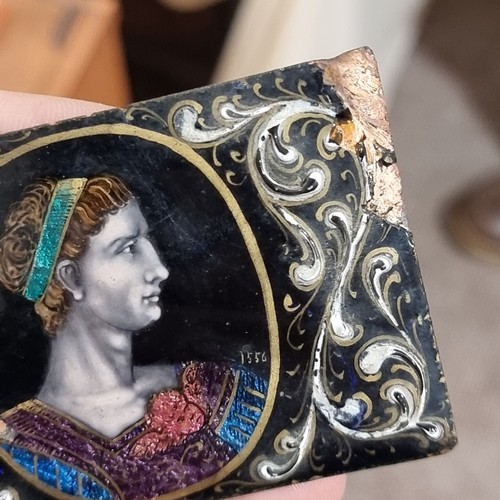 149 - A pair of Limoges enamelled copper portrait panels, 8 x 5.5cm, the Roman Classical figure has date t... 