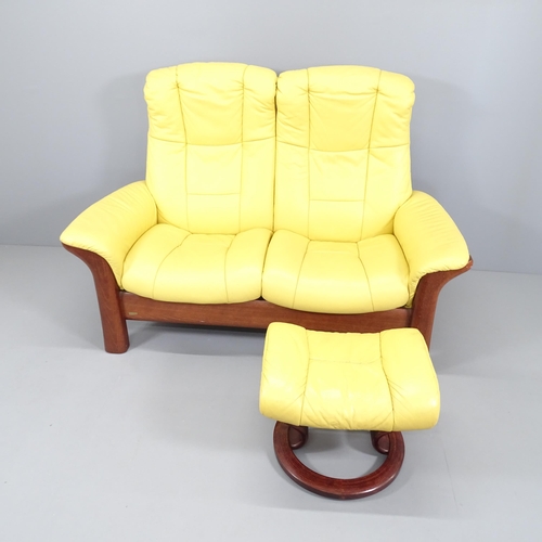 2003 - An Ekornes Stressless 2 seater Buckingham Yellow leather reclining sofa, with matching stool. Maker'... 