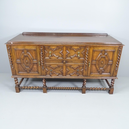 2044 - An early 20th century oak Jacobean style barley-twist sideboard with applied carved decoration. 185x... 